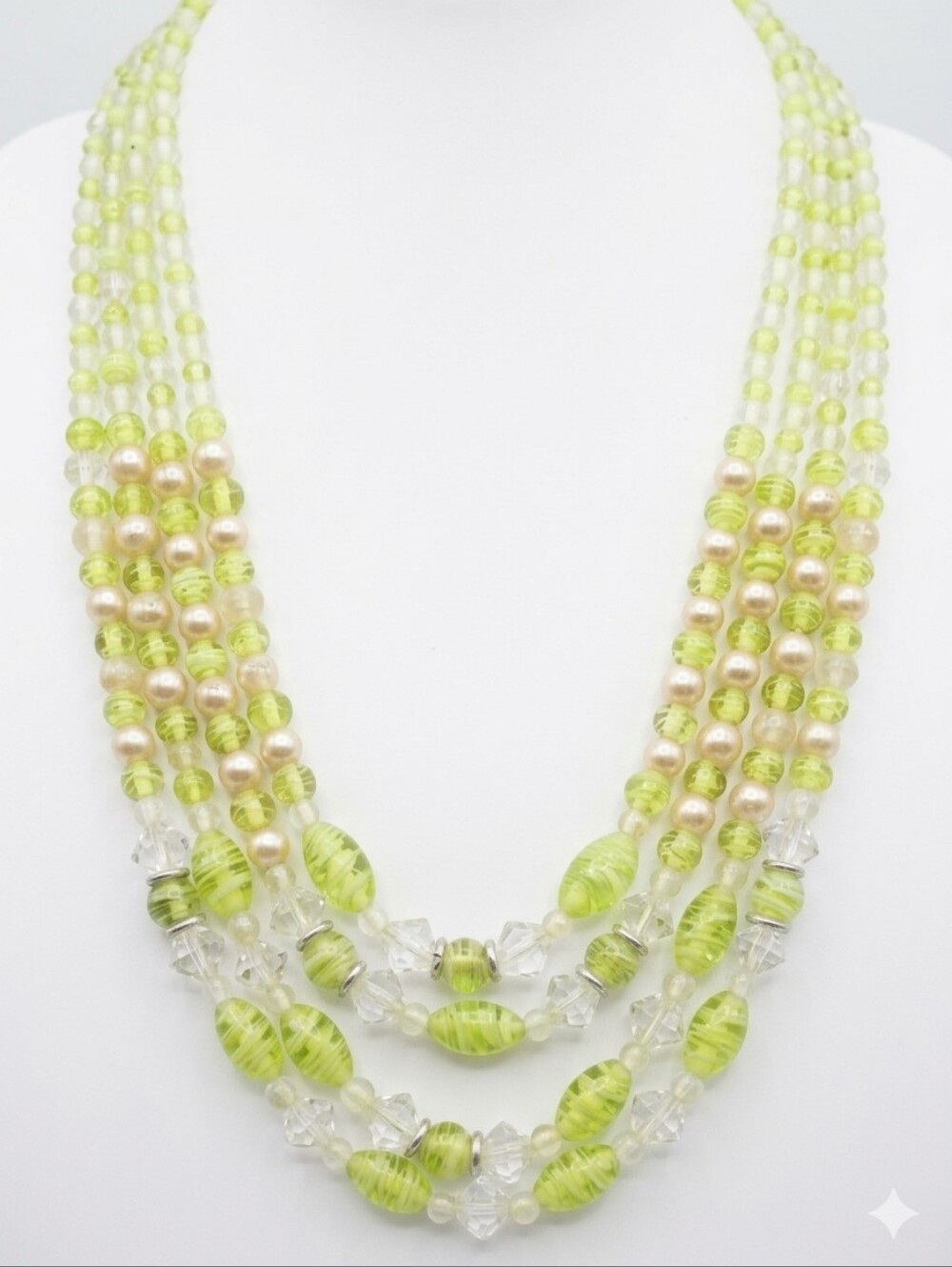 Vintage Mid Century Lime Green Faux Pearl Crystal Multi Strand Beaded Necklace🤍